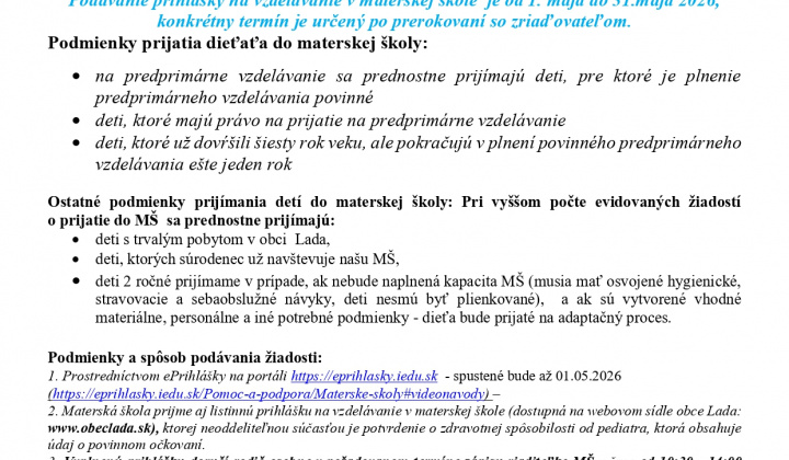 Fotka - Zápis detí do MŠ Lada dňa 6.5.2026